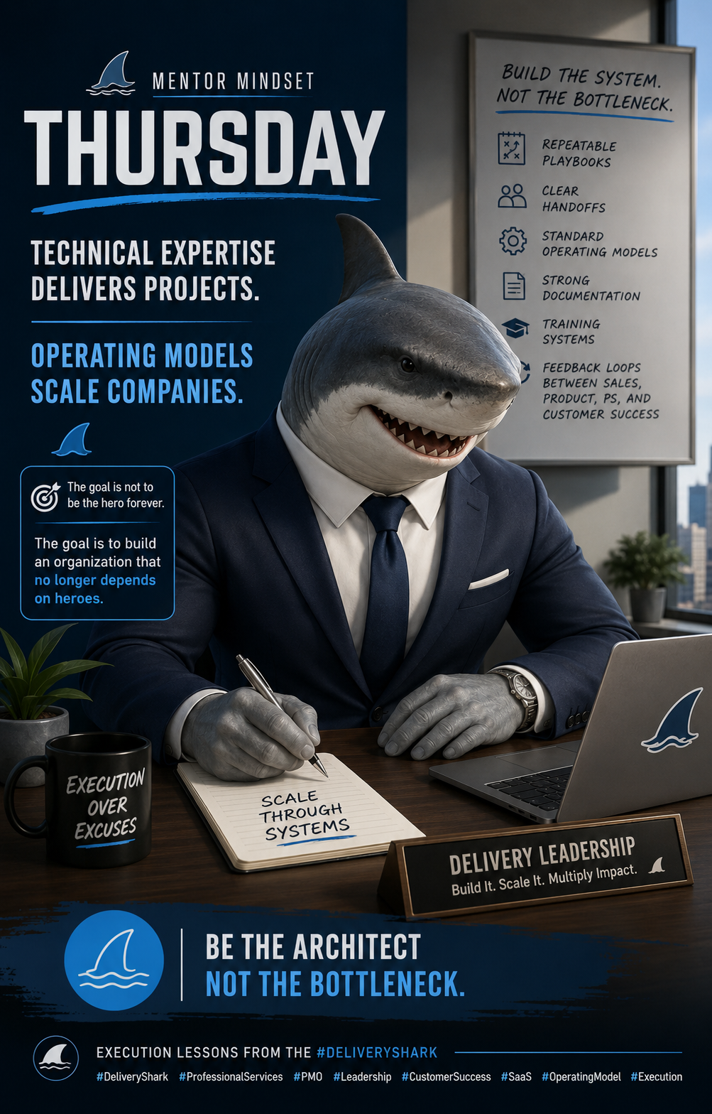Shark at desk writing Scale Through Systems with an Execution Over Excuses mug